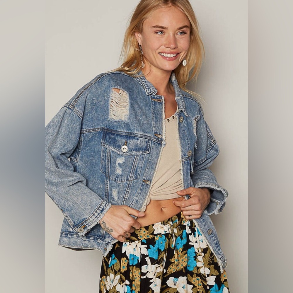 POL Blue Denim Jacket with Distressed Detail